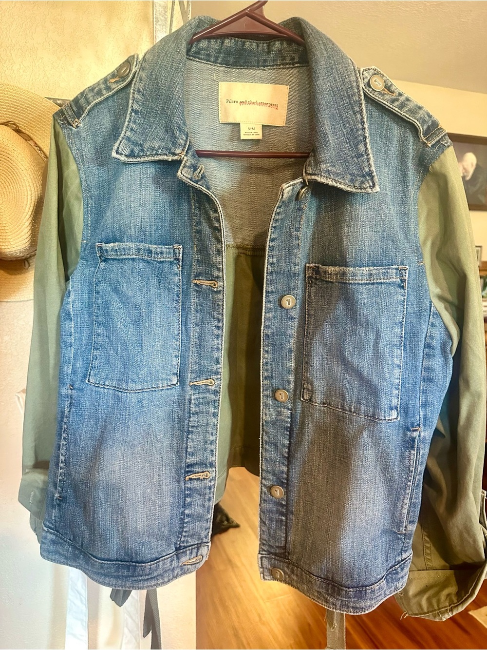 Pilcro Blue Denim Jacket with Olive Sleeves